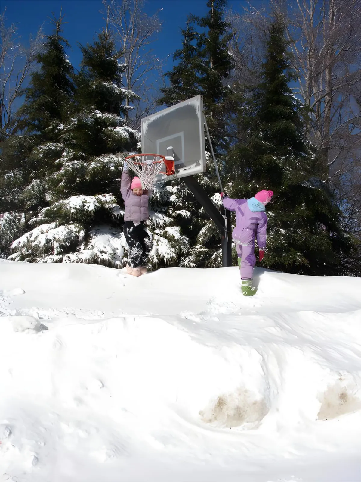 Children play joyfully in the snow near a basketball hoop, with trees in the background and a thick blanket of snow covering the ground. The scene is lively and active, suggesting a fun and memorable après-ski environment for families or groups.