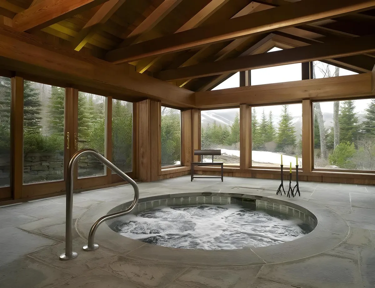 A tranquil interior scene featuring an inviting hot tub set by large windows, wooden beams, and stone flooring. The space is filled with natural light, offering sunset views from the hot tub and a cozy atmosphere for relaxation after a day on the slopes.